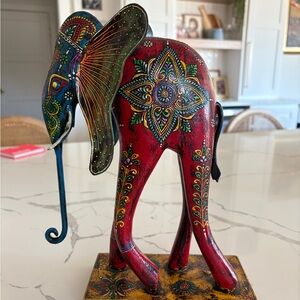 Handcrafted from India - Red Elephant Figurine Decor Painted Wooden Sculpture